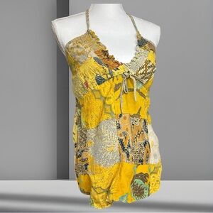 NWT Jaded Gypsy Patchwork Butterfly Tank Halter Top Self Tie Yellow Small/Medium